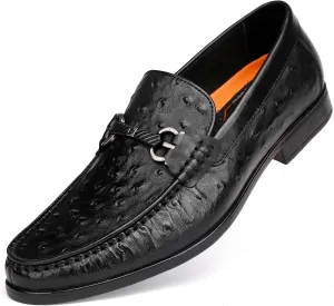Classic Men's Leather Dress Shoes, Casual Ostrich Patterned with Buckle Slip-On Penny Loafers for Weddings, Parties, and Business, Formal Dress Shoes for Men, Black