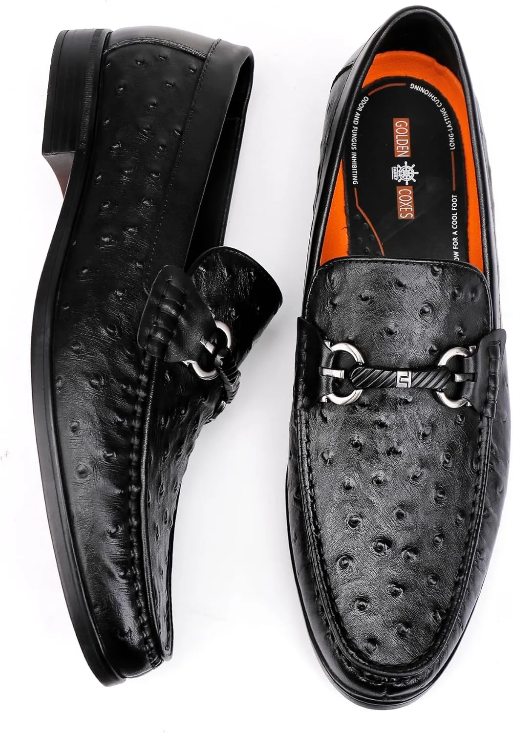 Classic Men's Leather Dress Shoes, Casual Ostrich Patterned with Buckle Slip-On Penny Loafers for Weddings, Parties, and Business, Formal Dress Shoes for Men, Black