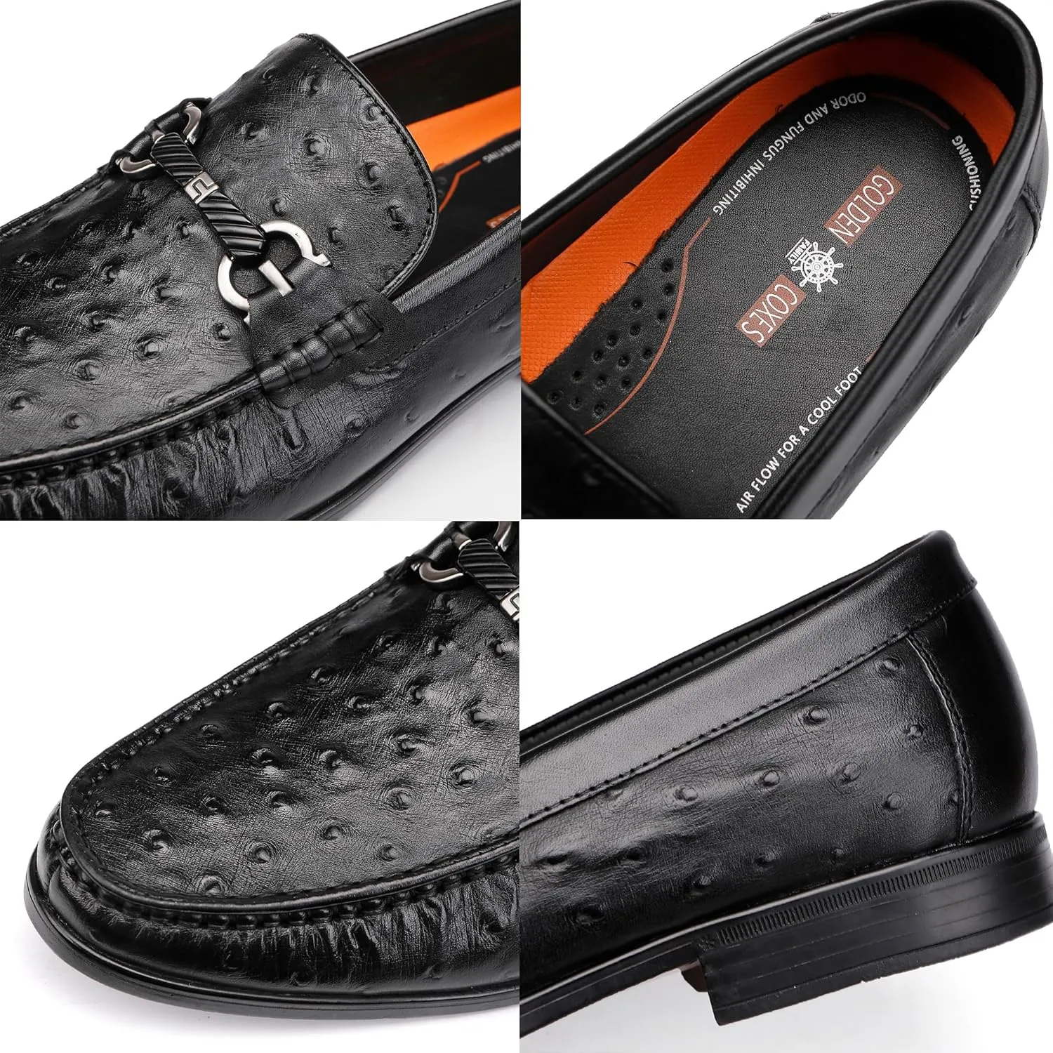 Classic Men's Leather Dress Shoes, Casual Ostrich Patterned with Buckle Slip-On Penny Loafers for Weddings, Parties, and Business, Formal Dress Shoes for Men, Black