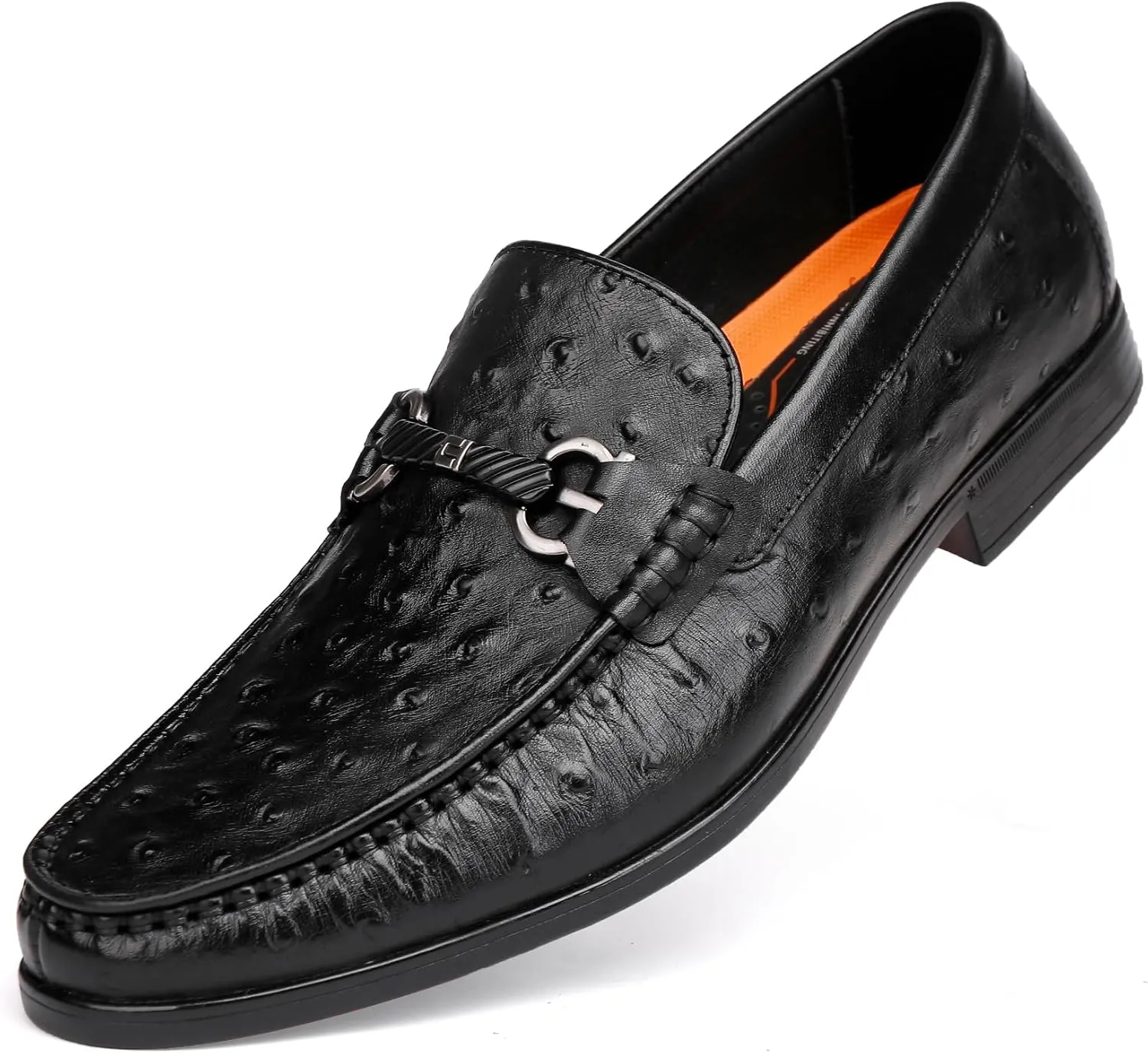 Classic Men's Leather Dress Shoes, Casual Ostrich Patterned with Buckle Slip-On Penny Loafers for Weddings, Parties, and Business, Formal Dress Shoes for Men, Black