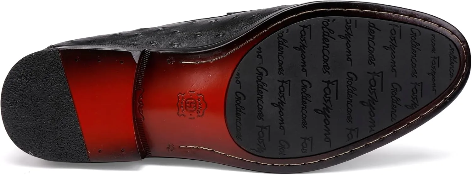 Classic Men's Leather Dress Shoes, Casual Ostrich Patterned with Buckle Slip-On Penny Loafers for Weddings, Parties, and Business, Formal Dress Shoes for Men, Black