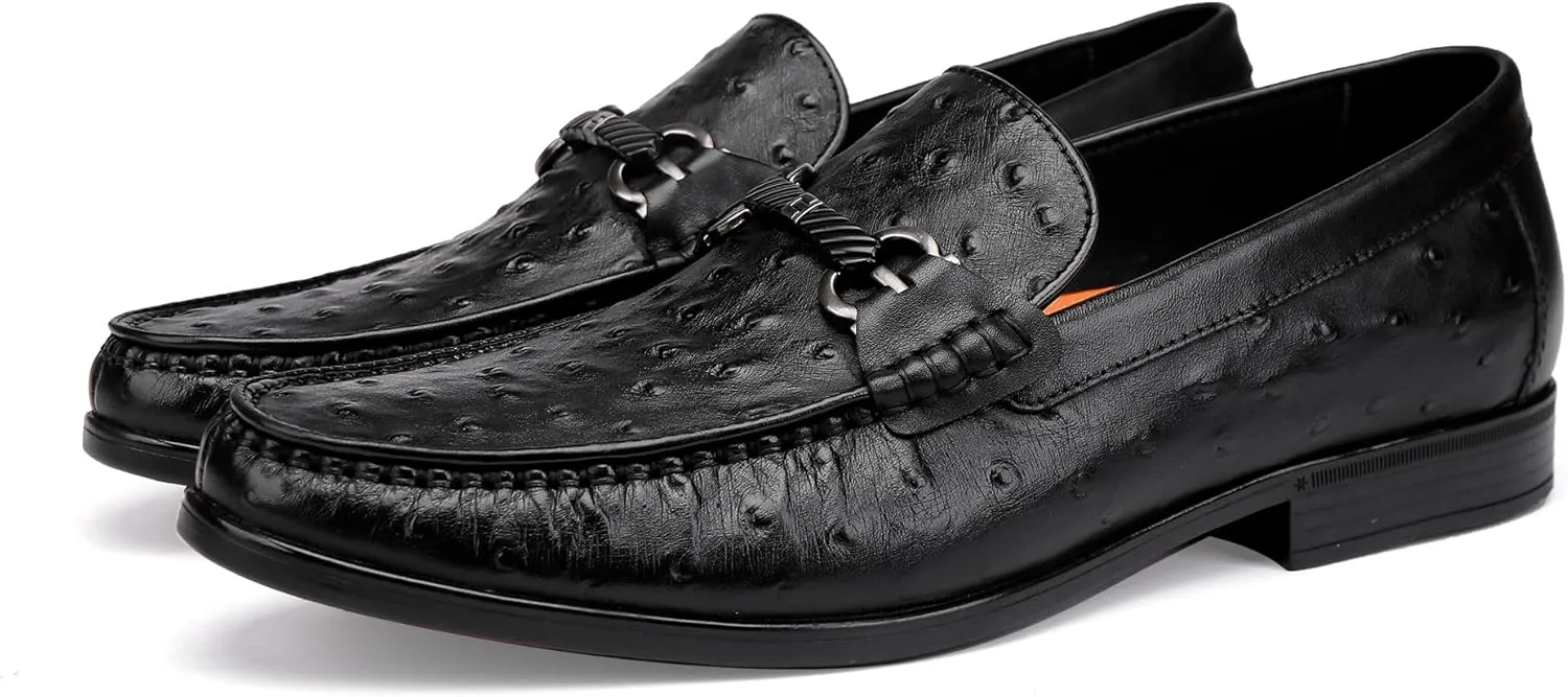 Classic Men's Leather Dress Shoes, Casual Ostrich Patterned with Buckle Slip-On Penny Loafers for Weddings, Parties, and Business, Formal Dress Shoes for Men, Black