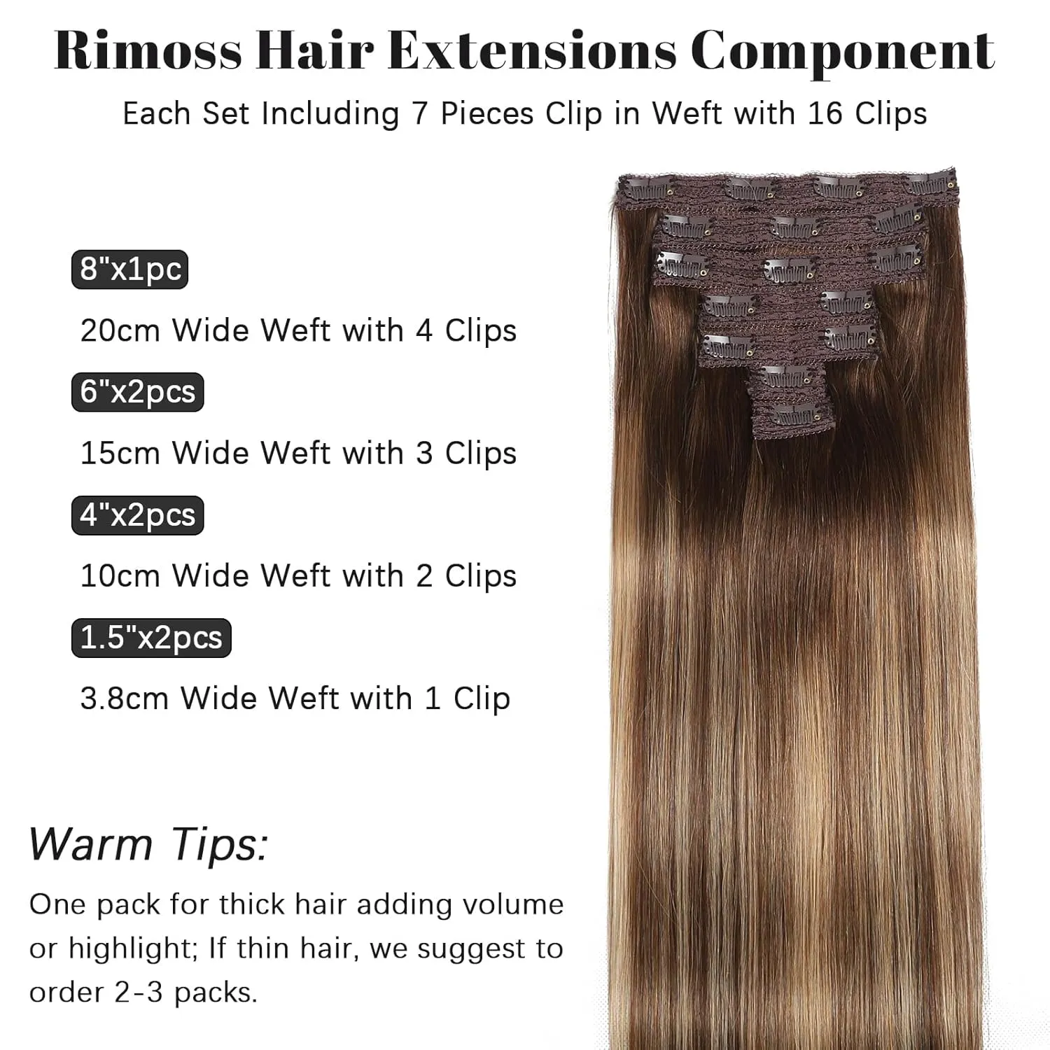 Clip in Hair Extensions Real Human Hair - 120g 22 Inch 7pcs, Ombre Chocolate Brown to Caramel Blonde Balayage - Soft Remy Human Hair Clip ins Extensions Straight for Women