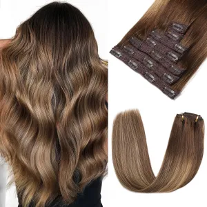 Clip in Hair Extensions Real Human Hair - 120g 22 Inch 7pcs, Ombre Chocolate Brown to Caramel Blonde Balayage - Soft Remy Human Hair Clip ins Extensions Straight for Women