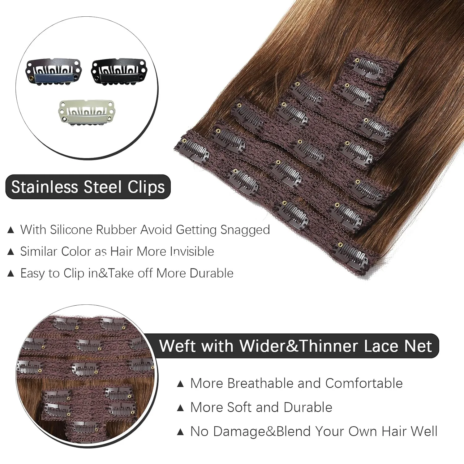 Clip in Hair Extensions Real Human Hair - 120g 22 Inch 7pcs, Ombre Chocolate Brown to Caramel Blonde Balayage - Soft Remy Human Hair Clip ins Extensions Straight for Women