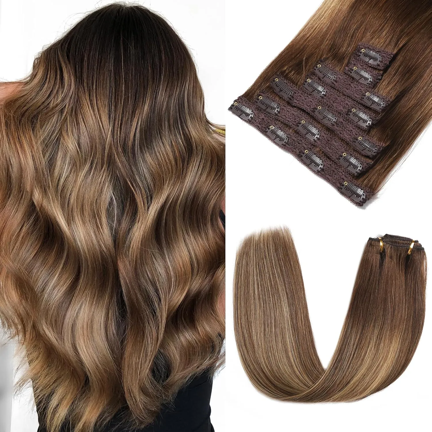 Clip in Hair Extensions Real Human Hair - 120g 22 Inch 7pcs, Ombre Chocolate Brown to Caramel Blonde Balayage - Soft Remy Human Hair Clip ins Extensions Straight for Women