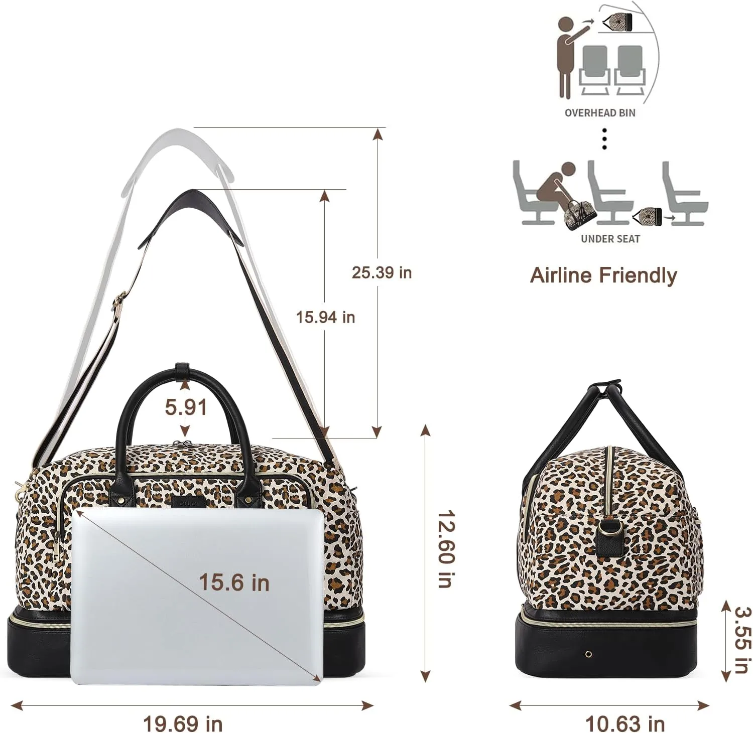 CLUCI Duffle Bag Weekender Bags for Women Canvas Anti Theft Travel Bag for Women Overnight Tote Carry On Bags with Shoe Compartment Leopard Print with Black