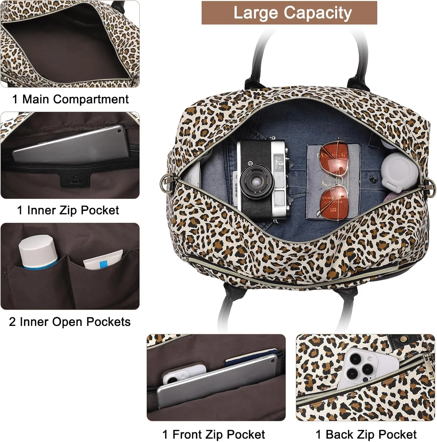 CLUCI Duffle Bag Weekender Bags for Women Canvas Anti Theft Travel Bag for Women Overnight Tote Carry On Bags with Shoe Compartment Leopard Print with Black