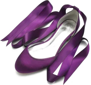 COMFASH Ballet Flats Satin Comfortable Closed Toe Ribbon Tie Women Bride Wedding Shoes