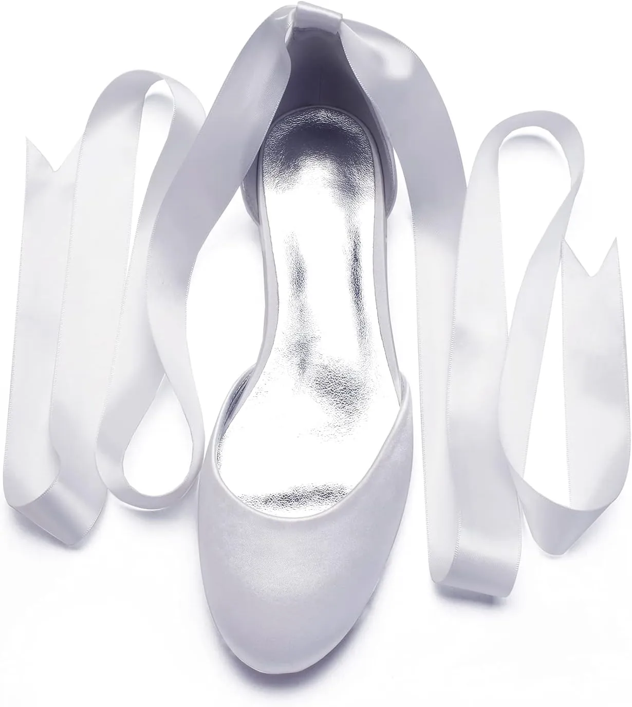 COMFASH Ballet Flats Satin Comfortable Closed Toe Ribbon Tie Women Bride Wedding Shoes
