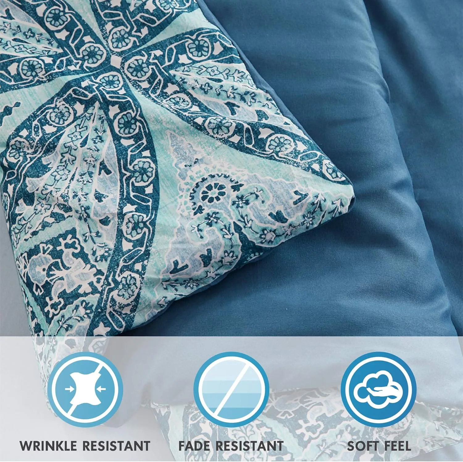 Comfort Spaces Bed in A Bag - Trendy Casual Design Cozy Comforter with Complete Sheet Set with Side Pocket, All Season Cover, Matching Shams, King(104"x90"), Gloria, Damask Blue 9 Piece