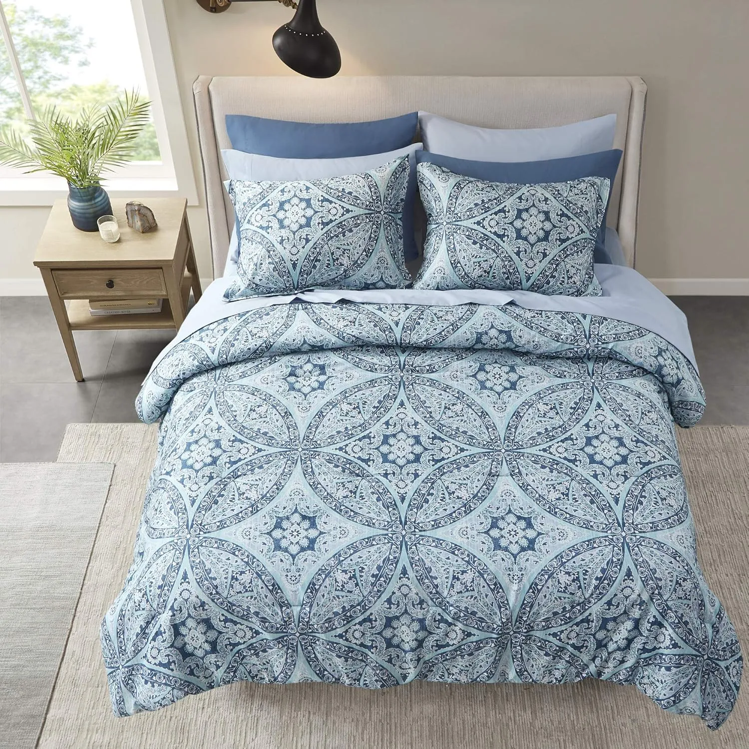 Comfort Spaces Bed in A Bag - Trendy Casual Design Cozy Comforter with Complete Sheet Set with Side Pocket, All Season Cover, Matching Shams, King(104"x90"), Gloria, Damask Blue 9 Piece