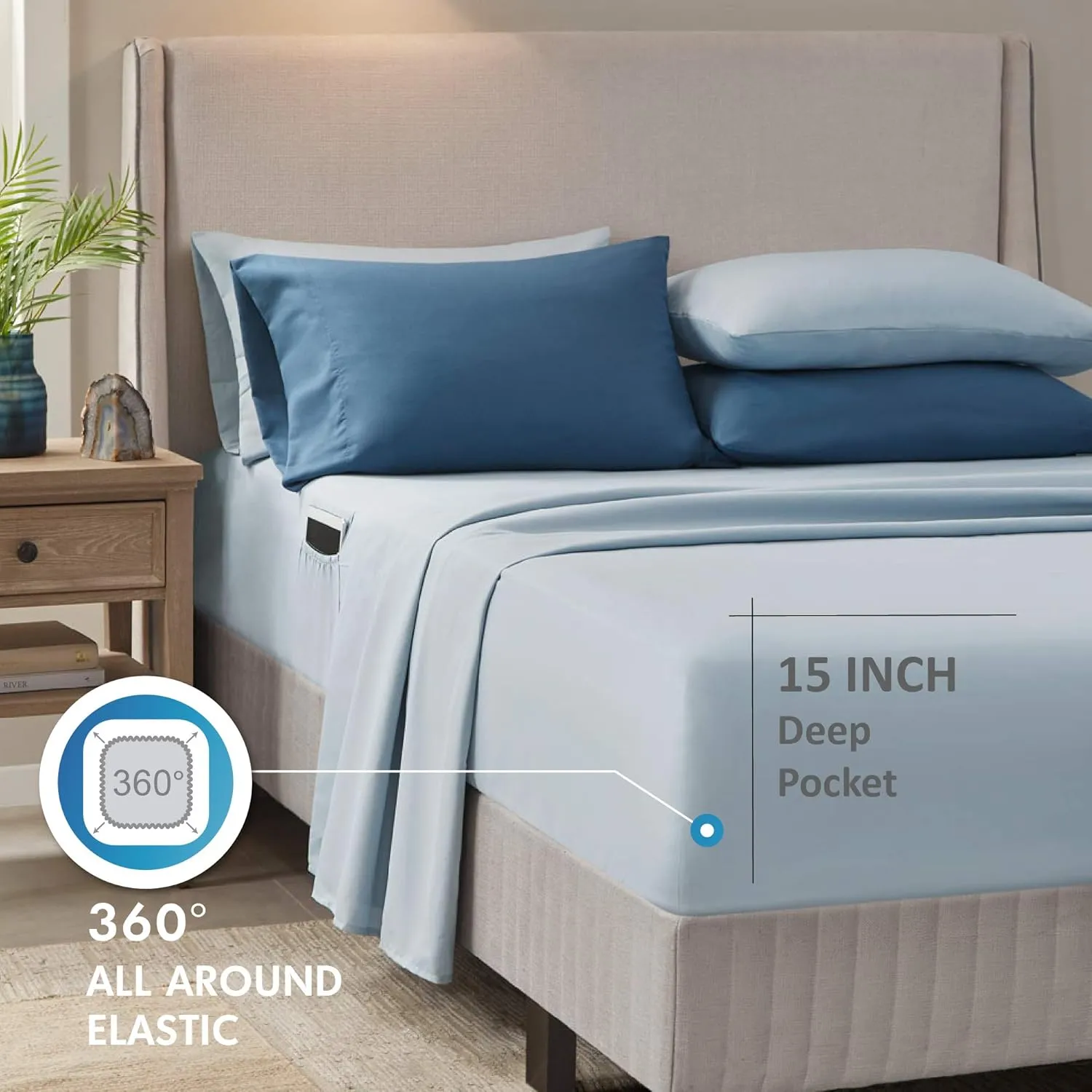 Comfort Spaces Bed in A Bag - Trendy Casual Design Cozy Comforter with Complete Sheet Set with Side Pocket, All Season Cover, Matching Shams, King(104"x90"), Gloria, Damask Blue 9 Piece