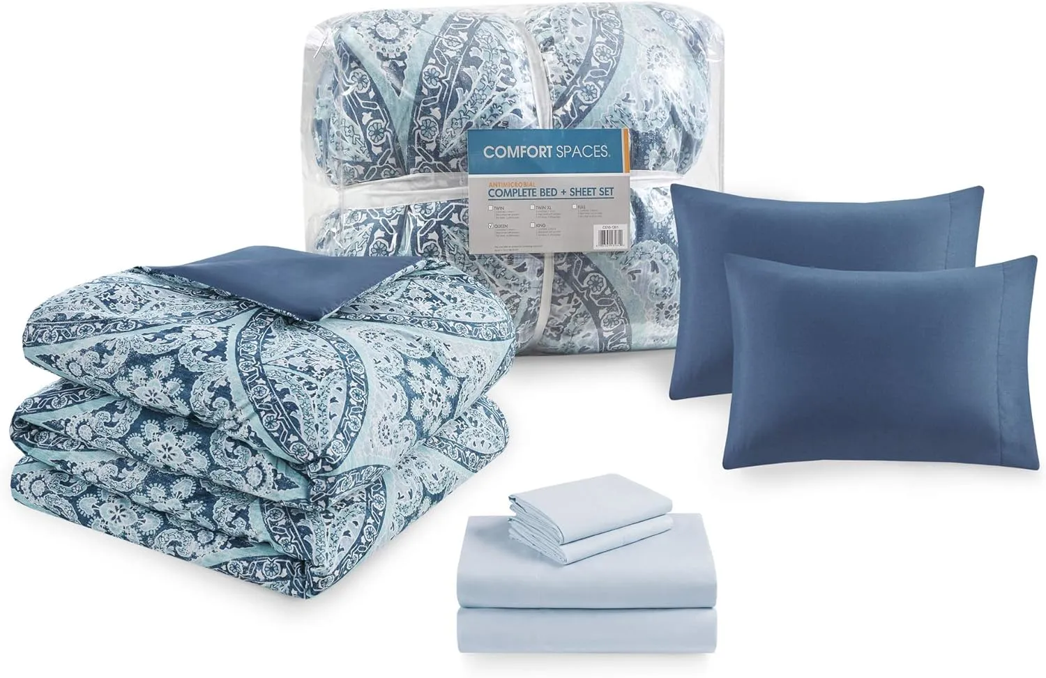 Comfort Spaces Bed in A Bag - Trendy Casual Design Cozy Comforter with Complete Sheet Set with Side Pocket, All Season Cover, Matching Shams, King(104"x90"), Gloria, Damask Blue 9 Piece