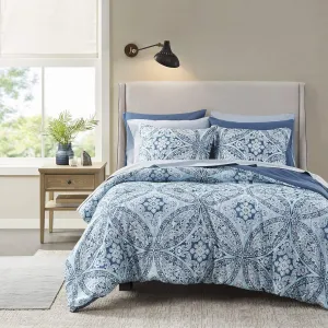Comfort Spaces Bed in A Bag - Trendy Casual Design Cozy Comforter with Complete Sheet Set with Side Pocket, All Season Cover, Matching Shams, King(104"x90"), Gloria, Damask Blue 9 Piece