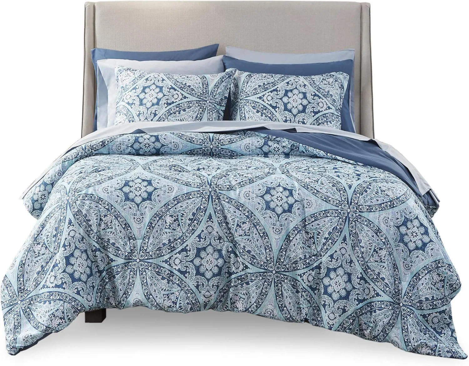 Comfort Spaces Bed in A Bag - Trendy Casual Design Cozy Comforter with Complete Sheet Set with Side Pocket, All Season Cover, Matching Shams, King(104"x90"), Gloria, Damask Blue 9 Piece