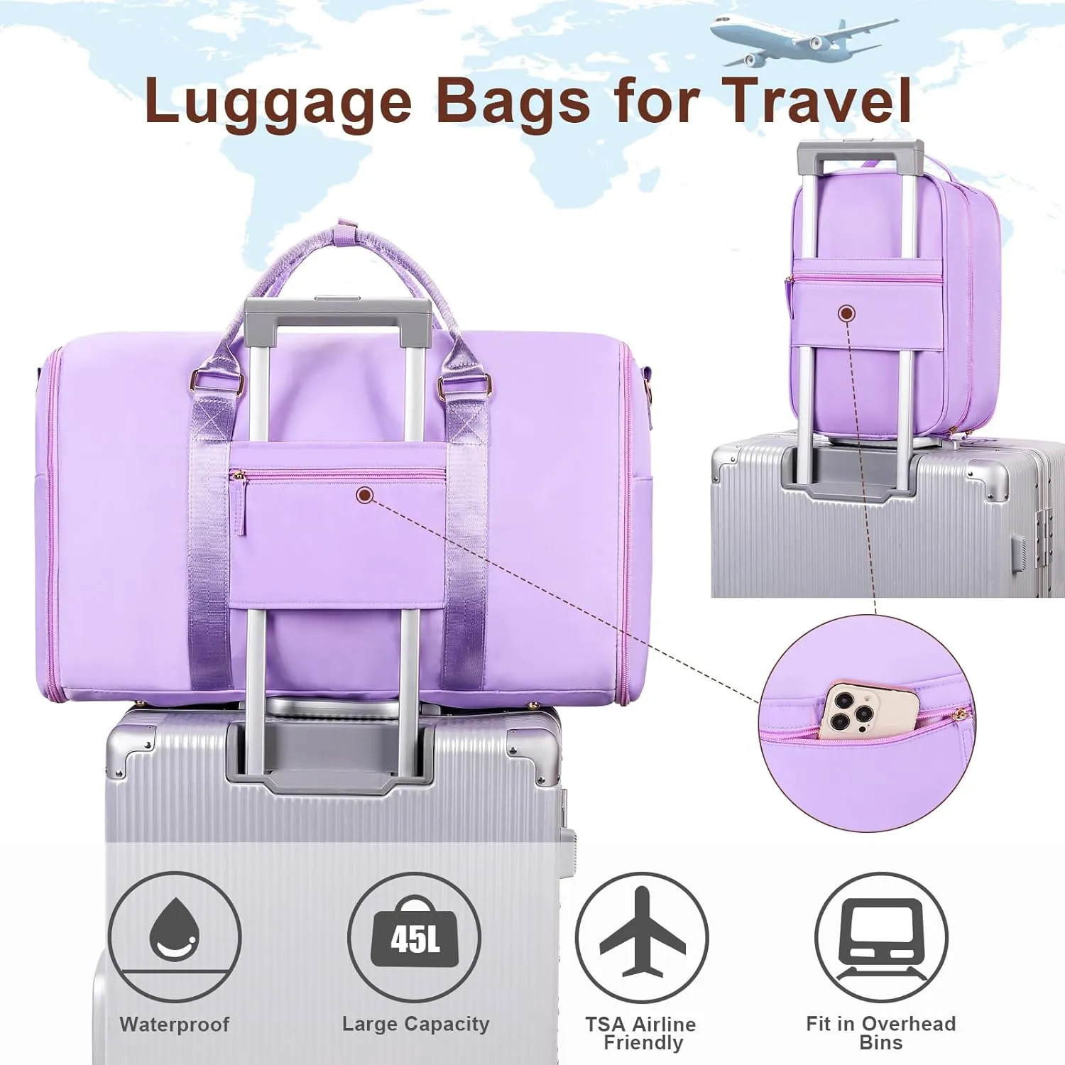 Convertible Travel Garment Bag, Carry On Garment Duffle Bag with Toiletry and Shoe bag, Garment Bags for Travel, 2 in 1 Hanging Dress Suitcase Suit Travel Bags for Women with USB Charging Port