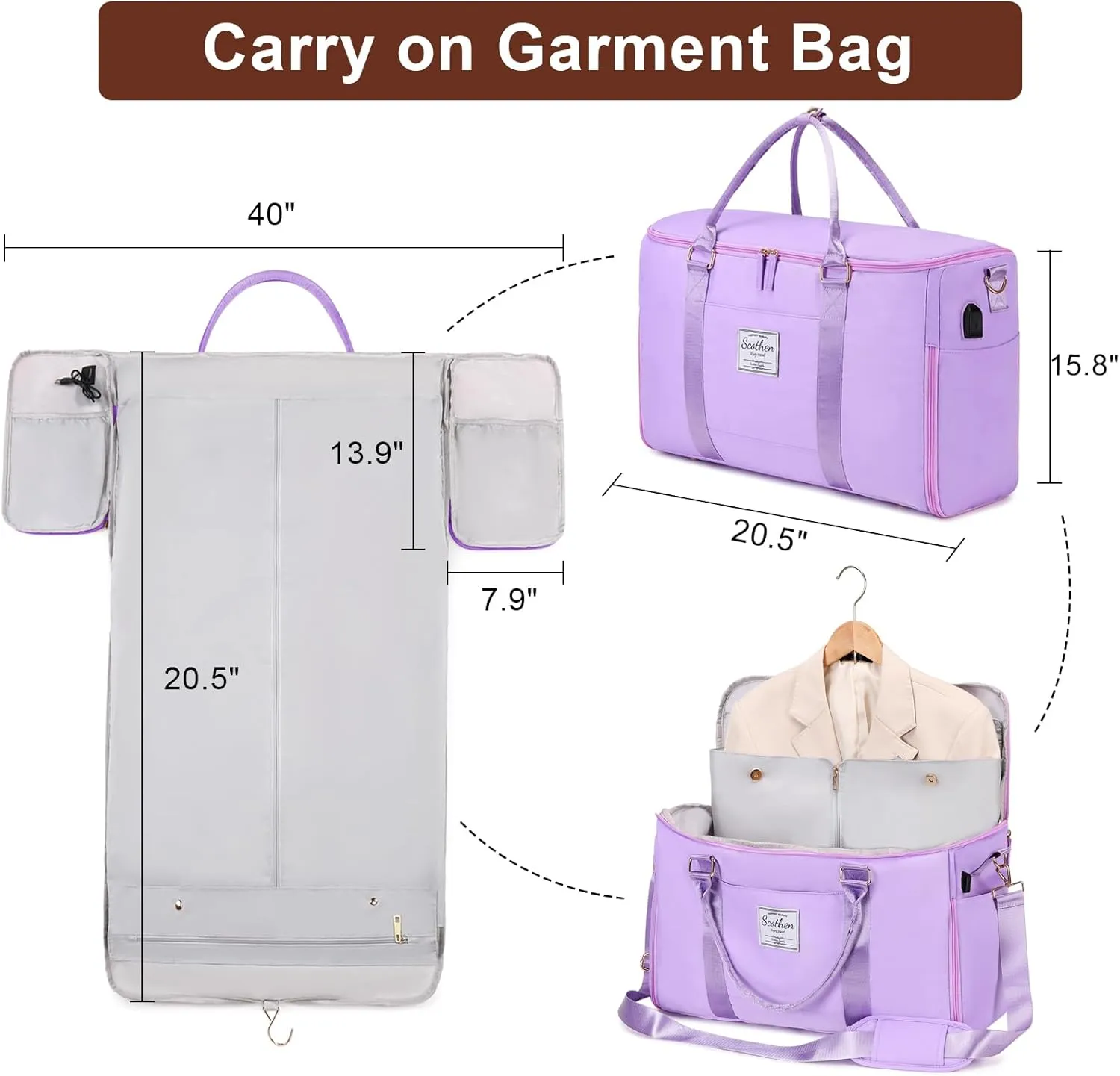 Convertible Travel Garment Bag, Carry On Garment Duffle Bag with Toiletry and Shoe bag, Garment Bags for Travel, 2 in 1 Hanging Dress Suitcase Suit Travel Bags for Women with USB Charging Port