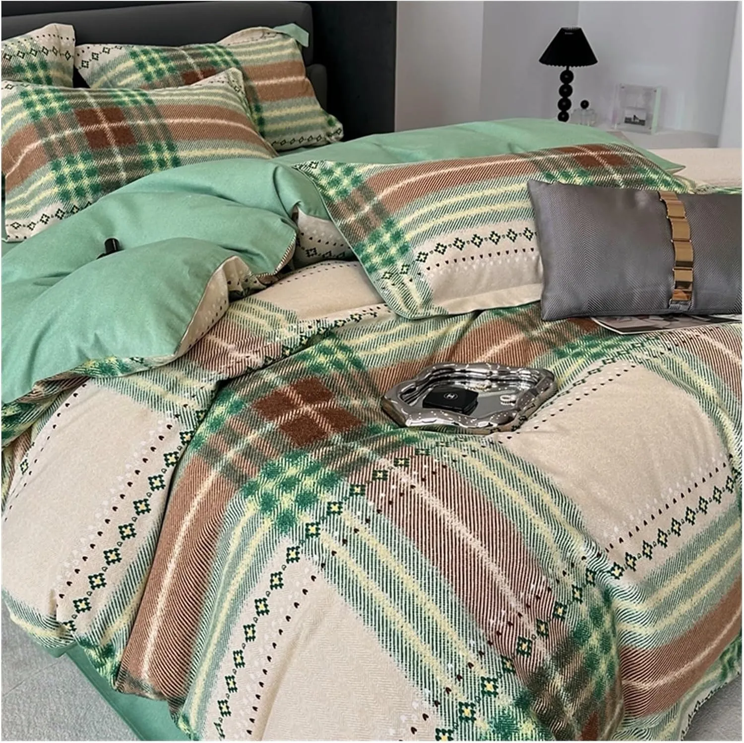 Cotton Bed Linen Geometric Plaid Bed Cover Full Set Quilt Duvet Cover Double Bed Sheets Set Comforter Bedding Set Pillowcase, All Season (B Twin)