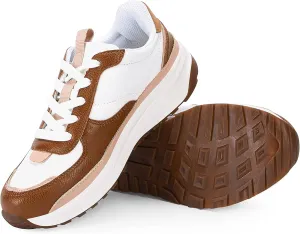 Coutgo Womens Lace Up Platform Sneakers Trendy Athletic Tennis Faux Leather Suede Neutral Comfortable Walking Shoes