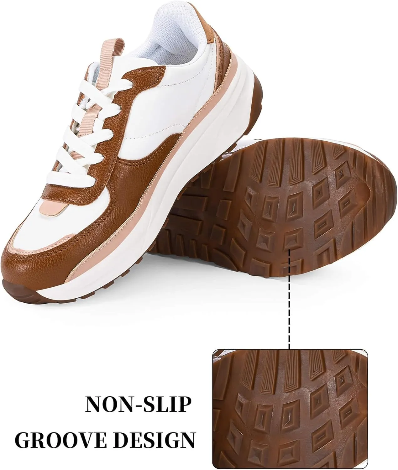 Coutgo Womens Lace Up Platform Sneakers Trendy Athletic Tennis Faux Leather Suede Neutral Comfortable Walking Shoes