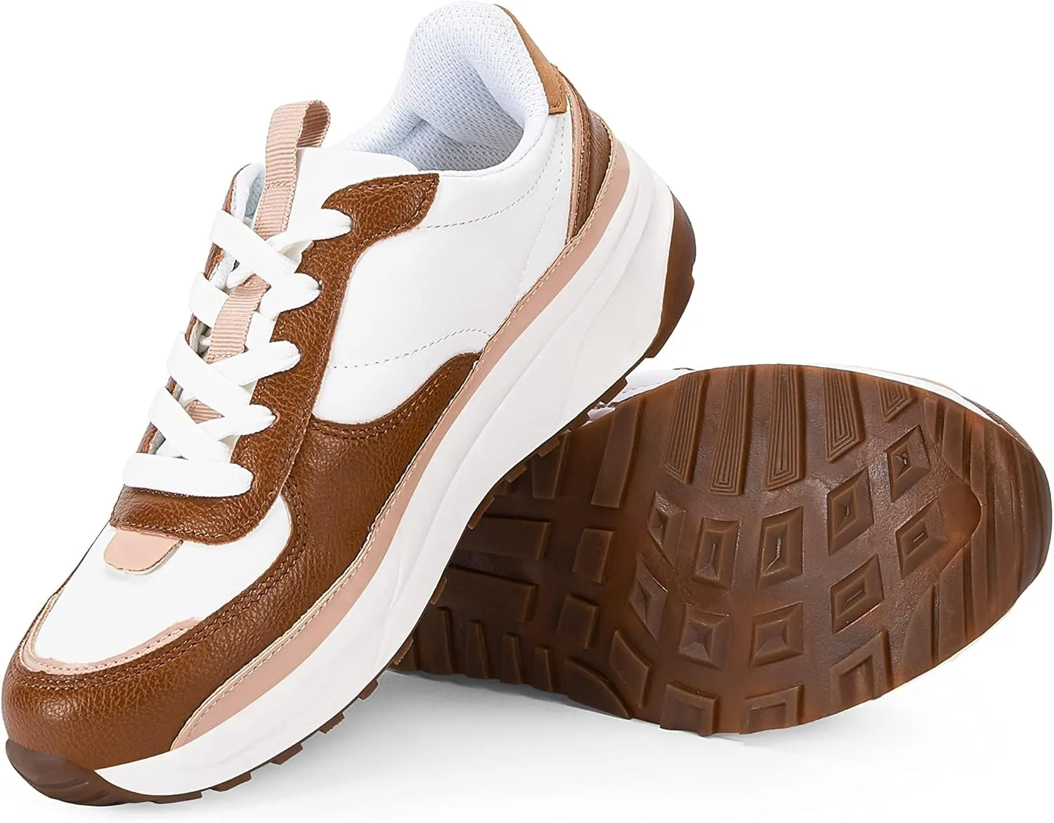 Coutgo Womens Lace Up Platform Sneakers Trendy Athletic Tennis Faux Leather Suede Neutral Comfortable Walking Shoes