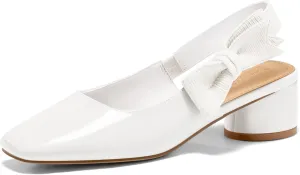 Coutgo Women's Slingback Chunky Heels Bow Closed Square Toe Slip On Work Pumps Dress Shoes