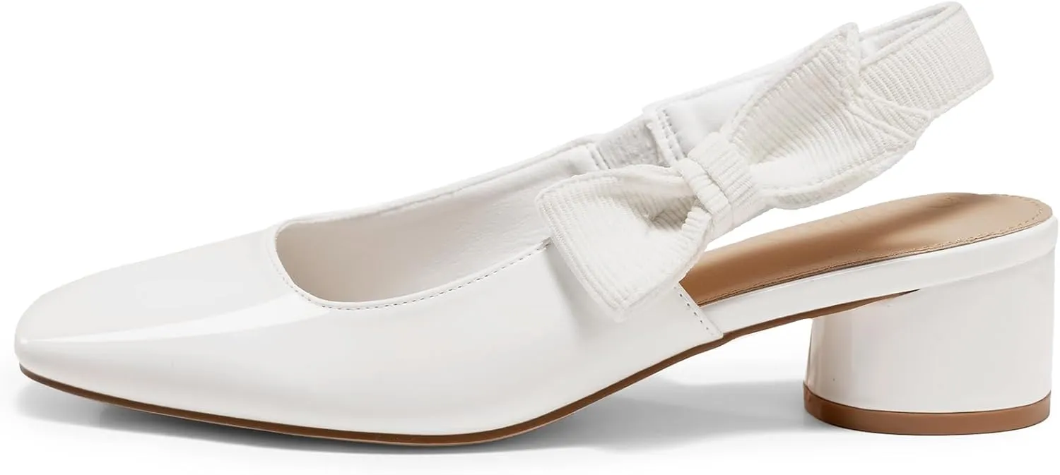 Coutgo Women's Slingback Chunky Heels Bow Closed Square Toe Slip On Work Pumps Dress Shoes