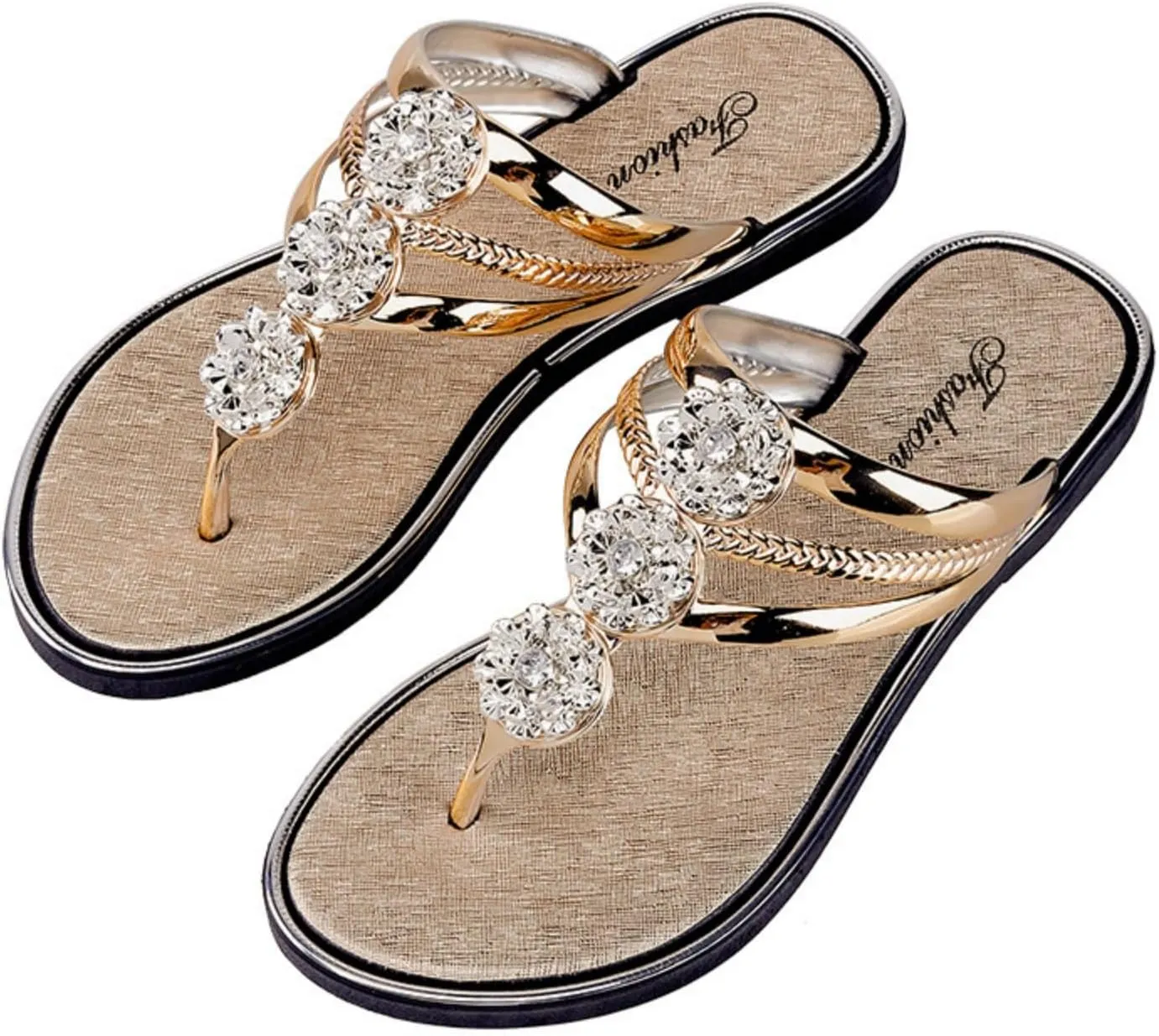 CROSSBABY Rhinestone Flat Sandals for Women Dressy Sparkly Thong Sandals Bling Summer Cute T Strap Dress Sandals for Wedding Bridal Bride Beach Trendy Comfortable Ladies Women's Sandals
