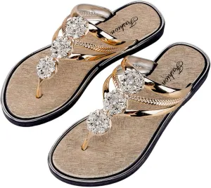 CROSSBABY Rhinestone Flat Sandals for Women Dressy Sparkly Thong Sandals Bling Summer Cute T Strap Dress Sandals for Wedding Bridal Bride Beach Trendy Comfortable Ladies Women's Sandals
