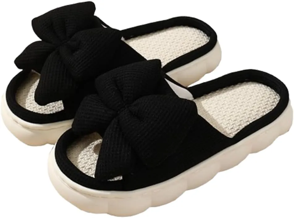 Cute Pink Bow-Tie House Women's Open Toe Slippers - Warm Non-slip Thick Sole Comfy Memory Foam House Shoes Indoor Outdoor