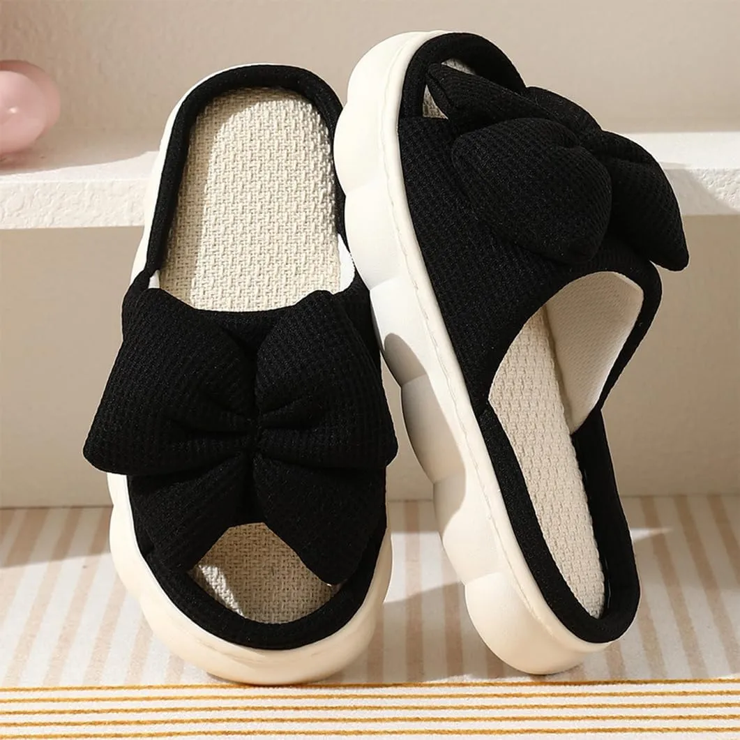 Cute Pink Bow-Tie House Women's Open Toe Slippers - Warm Non-slip Thick Sole Comfy Memory Foam House Shoes Indoor Outdoor