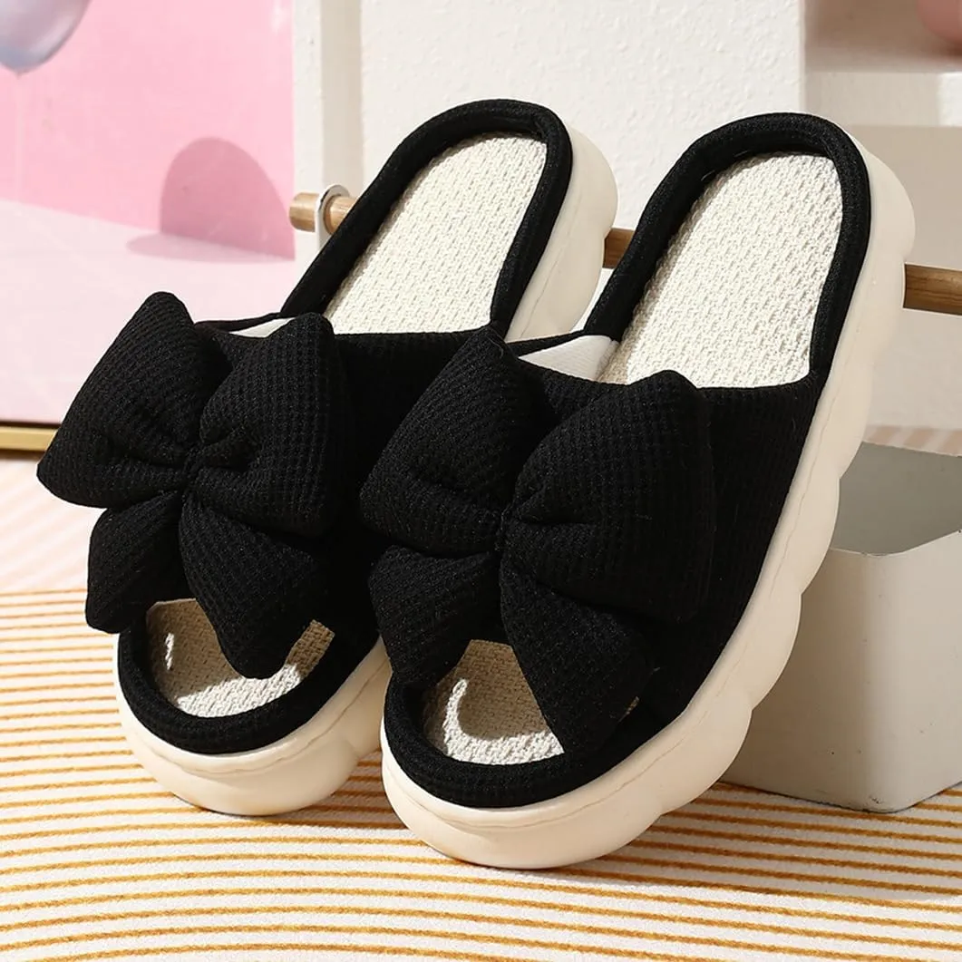 Cute Pink Bow-Tie House Women's Open Toe Slippers - Warm Non-slip Thick Sole Comfy Memory Foam House Shoes Indoor Outdoor