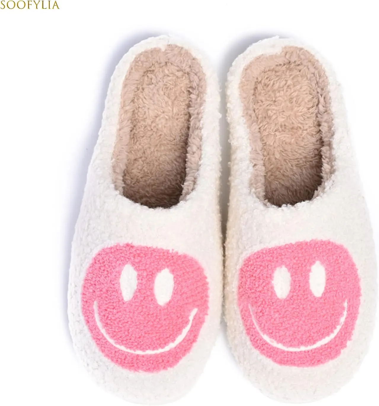 Cute Smile Face Slippers for Women and Men,Soft Plush Comfy Warm Couple Slip-On House Happy Face Slippers For Winter Indoor Outdoor Smile Slippers Non-slip Fuzzy Flat Slides