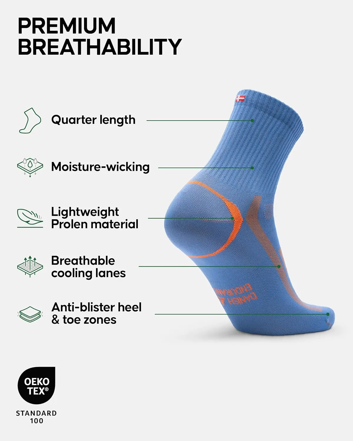 DANISH ENDURANCE Athletic Socks, Anti-blister, Breathable & Moisture Wicking Quarter Socks, for Men & Women, 3 Pack