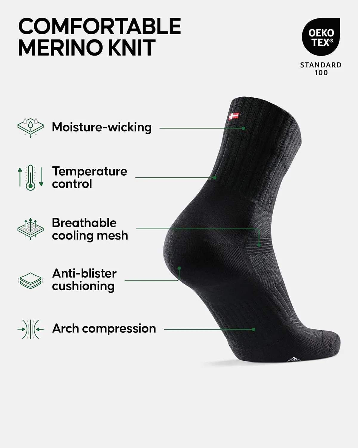 DANISH ENDURANCE Merino Wool Trail Running Socks for Men & Women, 2 Pack