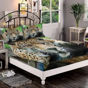 Decorative Bedding Sheet Set Cal-King Size, Jungle Deep Pockets Fitted Sheet & 2 Pillow Sham Set(No Flat Sheet), South American Jaguar Print Microfiber 3pc Bed Sheets Set, for Women & Men Bedding
