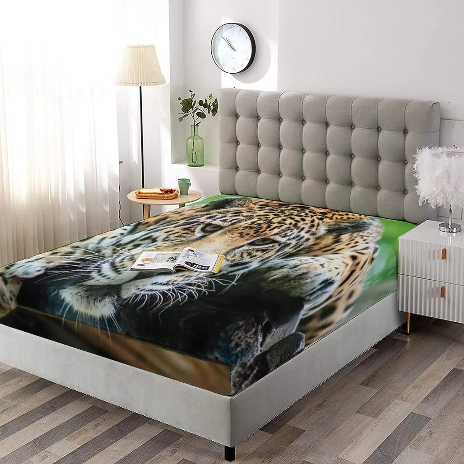 Decorative Bedding Sheet Set Cal-King Size, Jungle Deep Pockets Fitted Sheet & 2 Pillow Sham Set(No Flat Sheet), South American Jaguar Print Microfiber 3pc Bed Sheets Set, for Women & Men Bedding