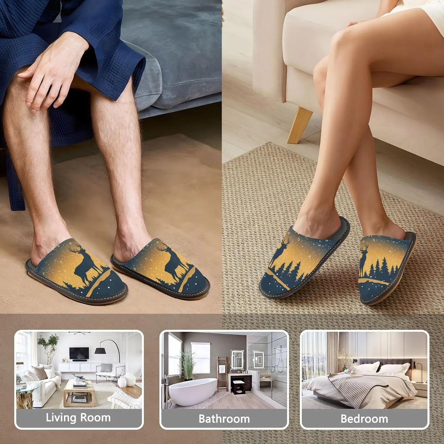 Deer under Christmas Moonlight House Slippers for Women,Mens Fuzzy Slippers,Soft Comfy Memory Foam Non-slip Indoor & Outdoor House Shoes-25