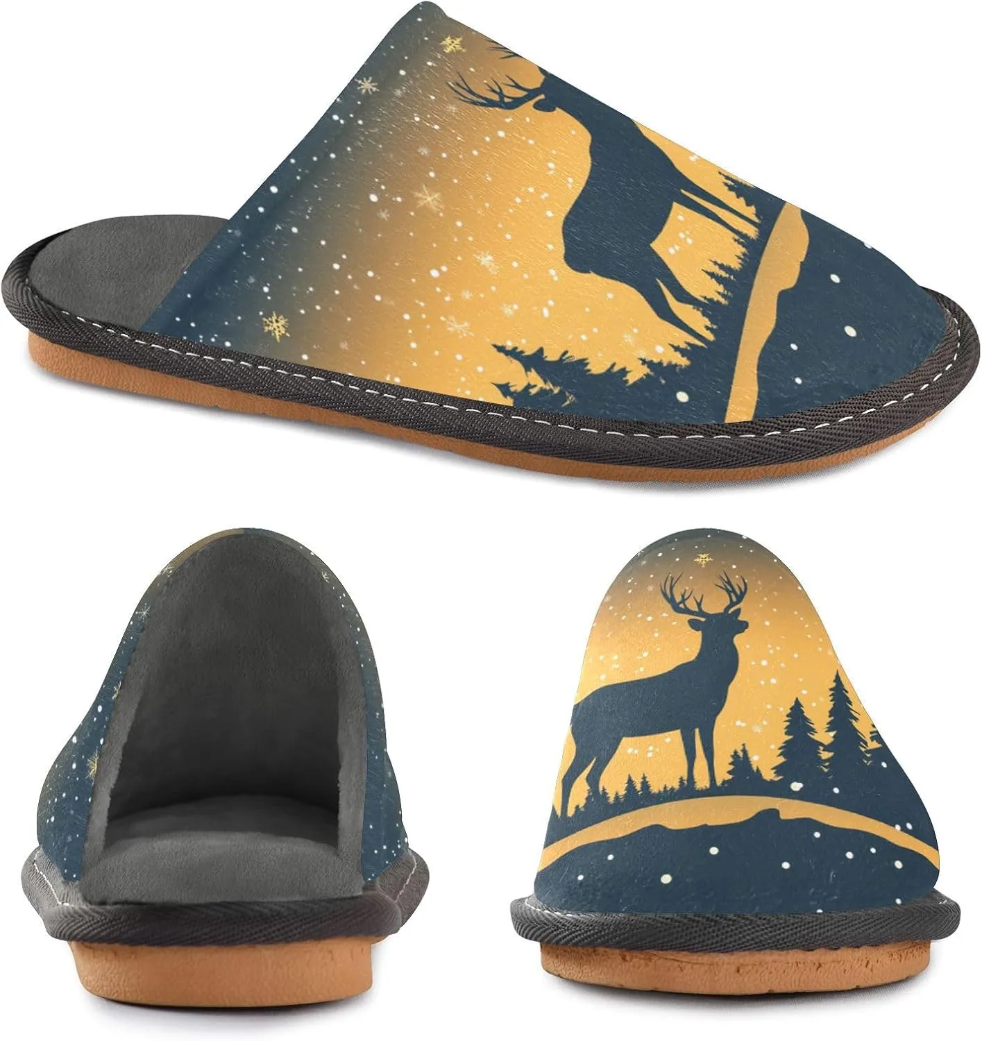 Deer under Christmas Moonlight House Slippers for Women,Mens Fuzzy Slippers,Soft Comfy Memory Foam Non-slip Indoor & Outdoor House Shoes-25