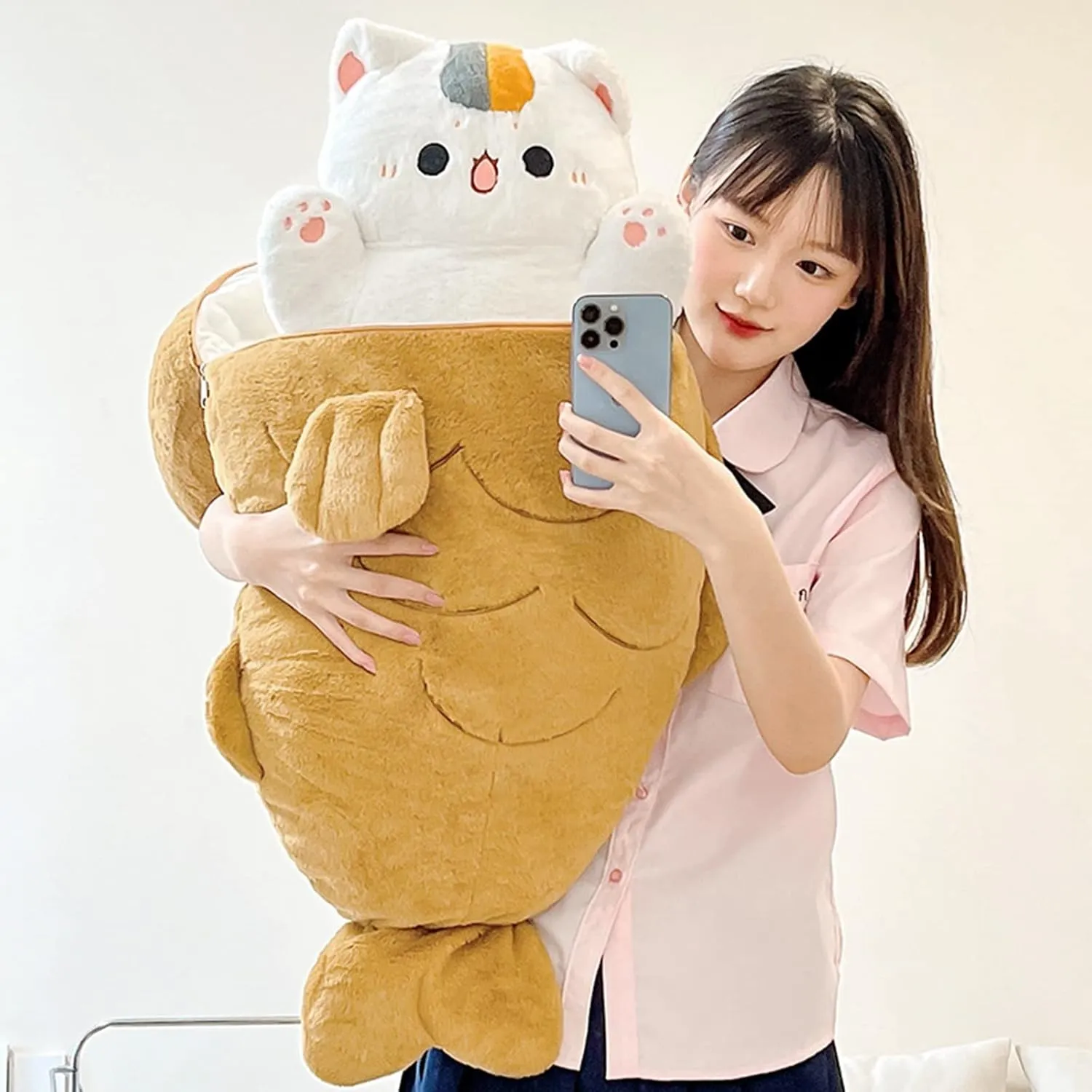 Ditucu 15.7 inch Taiyaki Cat Plush Pillow Cute Kitten Inside Fish 2 in 1 Soft Stuffed Animal Plushies Toys with Outfit Sleeping Doll Gifts for Girls Boys