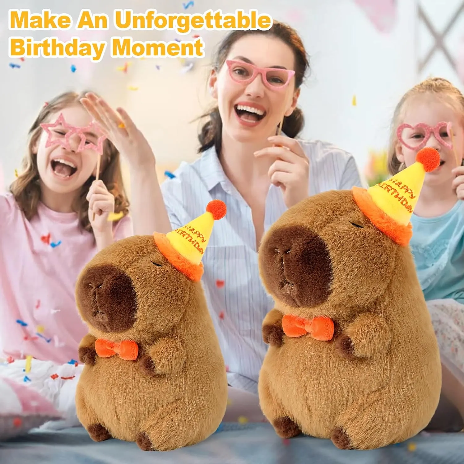 Ditucu Cute Capybara Plush with Happy Birthday Hat Bow Soft Capibara Stuffed Animal Plushies Toys for Birthday Gifts Party Decoration for Kids Brown 13 inch
