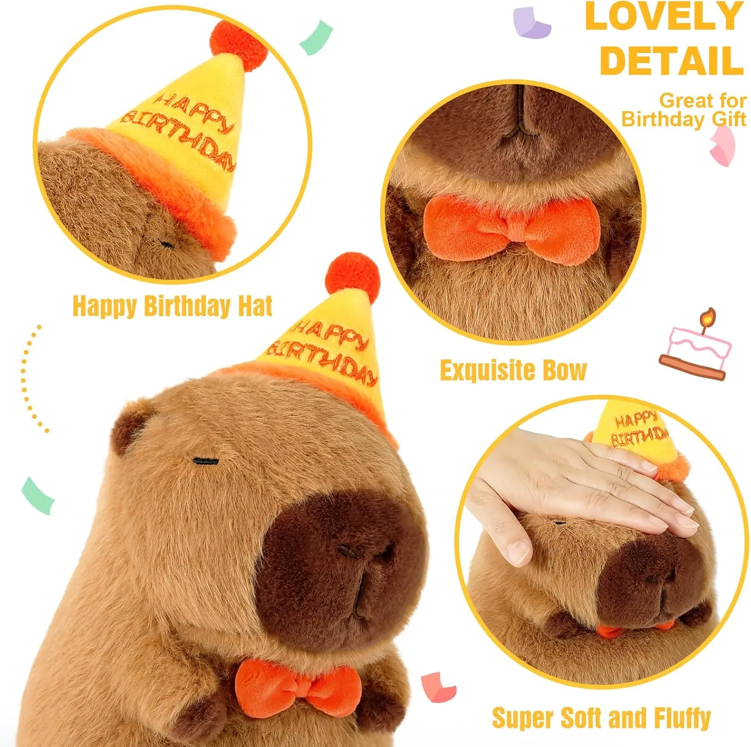 Ditucu Cute Capybara Plush with Happy Birthday Hat Bow Soft Capibara Stuffed Animal Plushies Toys for Birthday Gifts Party Decoration for Kids Brown 13 inch
