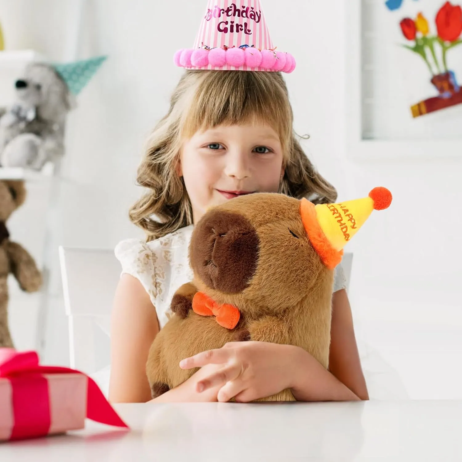 Ditucu Cute Capybara Plush with Happy Birthday Hat Bow Soft Capibara Stuffed Animal Plushies Toys for Birthday Gifts Party Decoration for Kids Brown 13 inch