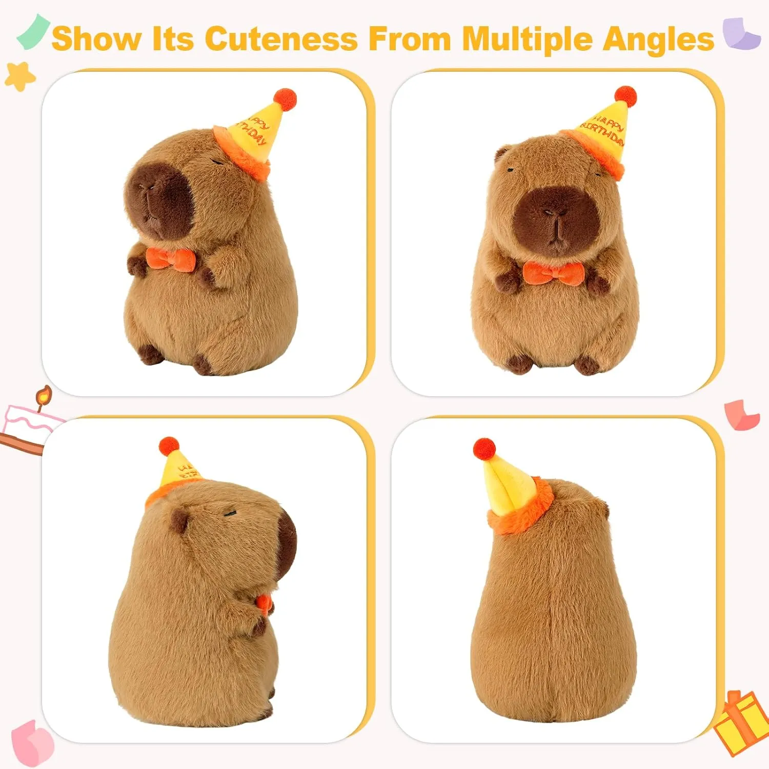 Ditucu Cute Capybara Plush with Happy Birthday Hat Bow Soft Capibara Stuffed Animal Plushies Toys for Birthday Gifts Party Decoration for Kids Brown 13 inch