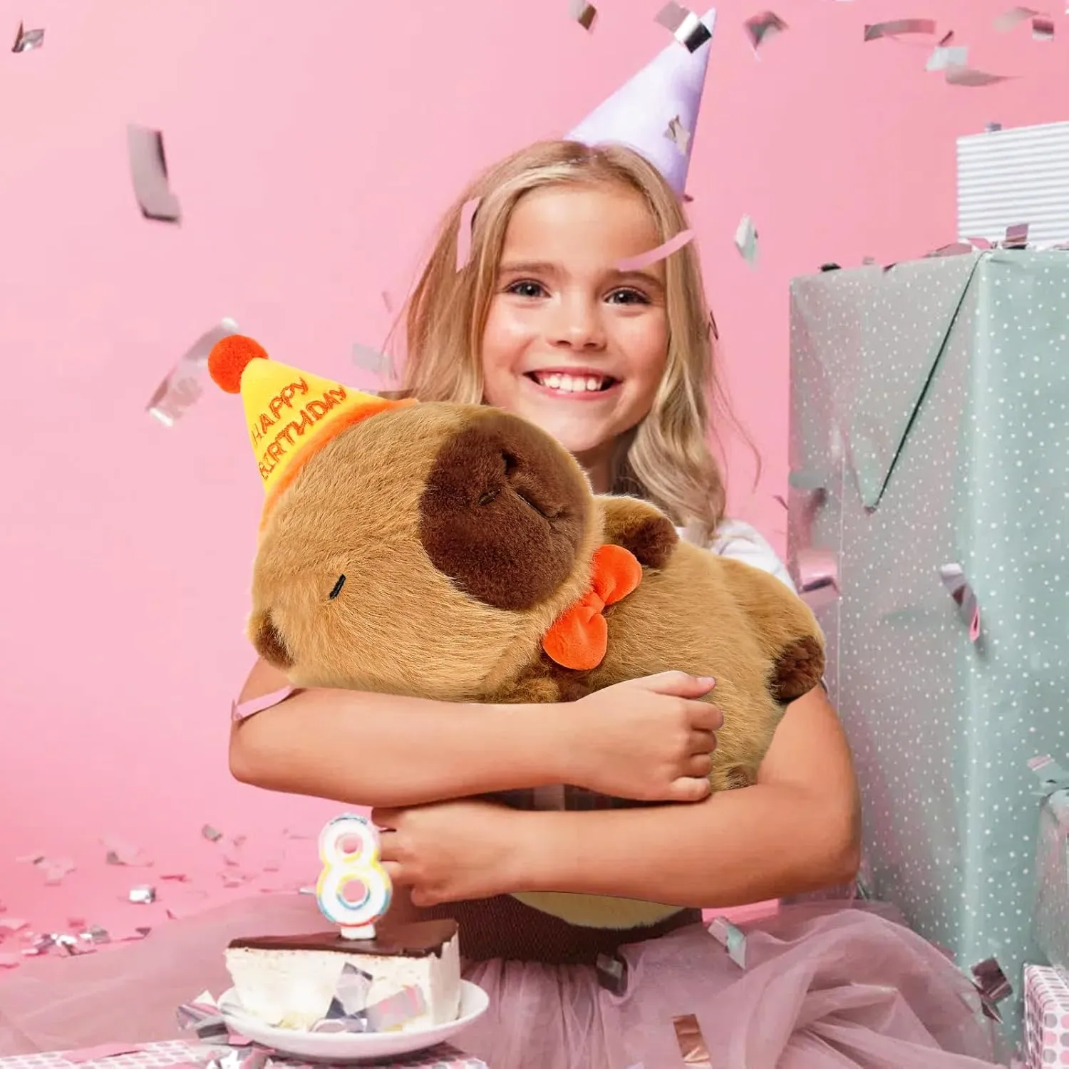 Ditucu Cute Capybara Plush with Happy Birthday Hat Bow Soft Capibara Stuffed Animal Plushies Toys for Birthday Gifts Party Decoration for Kids Brown 13 inch