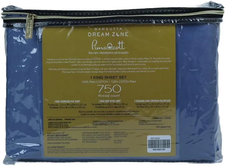 Dream Zone 750 Thread Count PimaCott King Sheet Set in Mediterranean Blue (Mediterranean Blue,King)