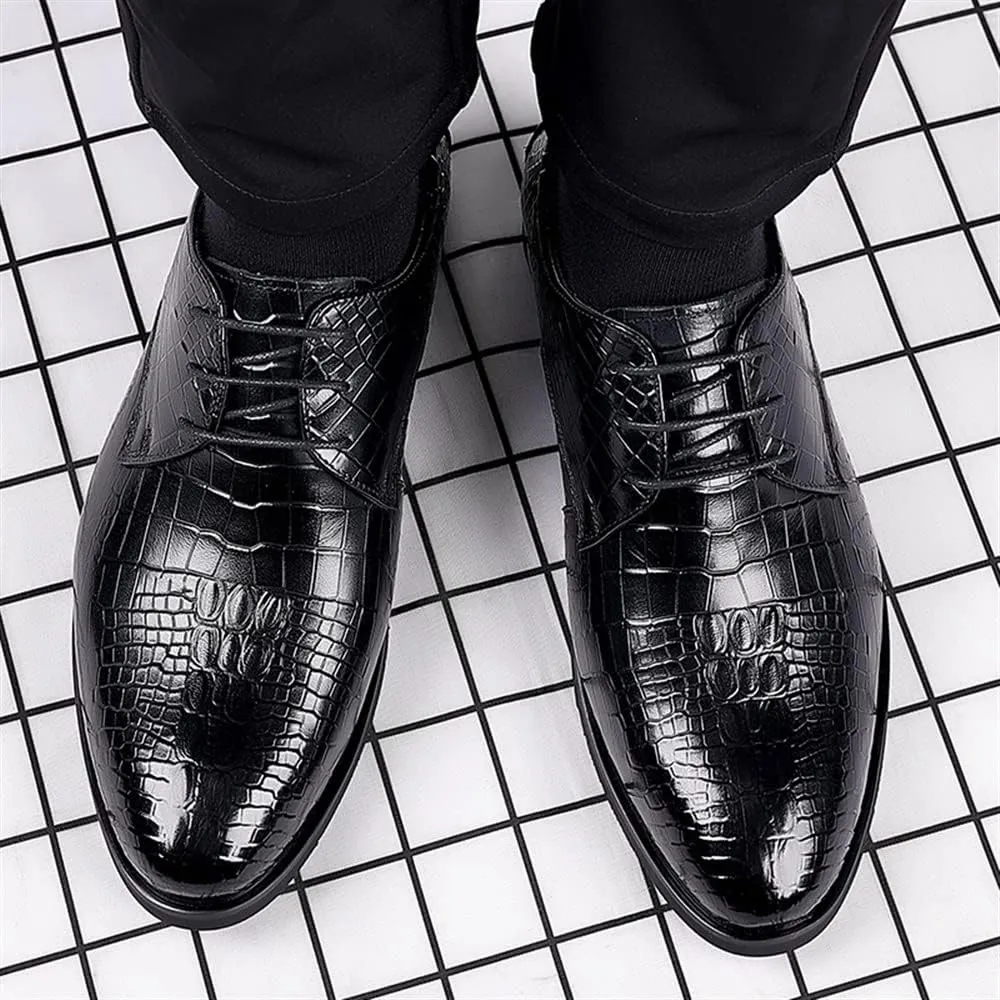 Dress Oxford Shoes for Men Lace Up Crocodile Print Faux Leather Derby Shoes Rubber Sole Non Slip Block Heel Low Top Prom
