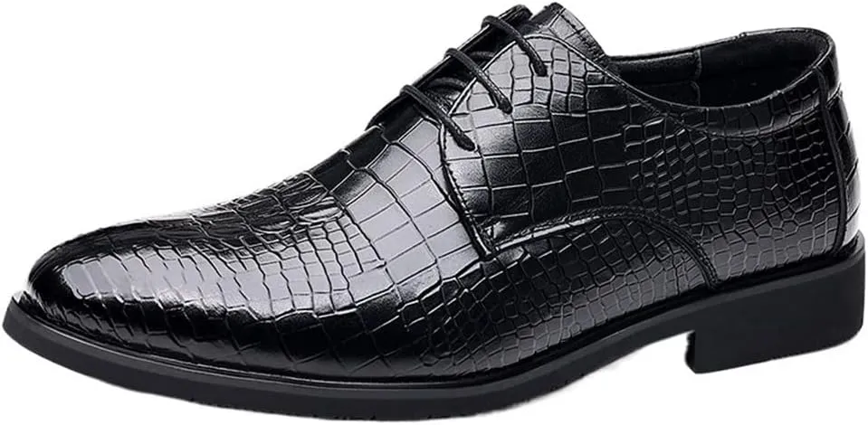 Dress Oxford Shoes for Men Lace Up Crocodile Print Faux Leather Derby Shoes Rubber Sole Non Slip Block Heel Low Top Prom