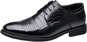 Dress Oxford Shoes for Men Lace Up Crocodile Print Faux Leather Derby Shoes Rubber Sole Non Slip Block Heel Low Top Prom